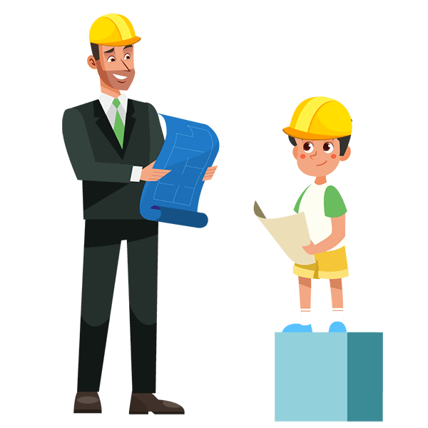 A professional engineer and a child wear engineer hard hats and hold plans. Illustration.