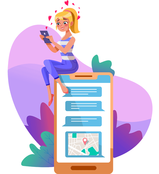 A girl sits on top of a big mobile phone, looking at her phone while hearts come out of it.  Illustration.